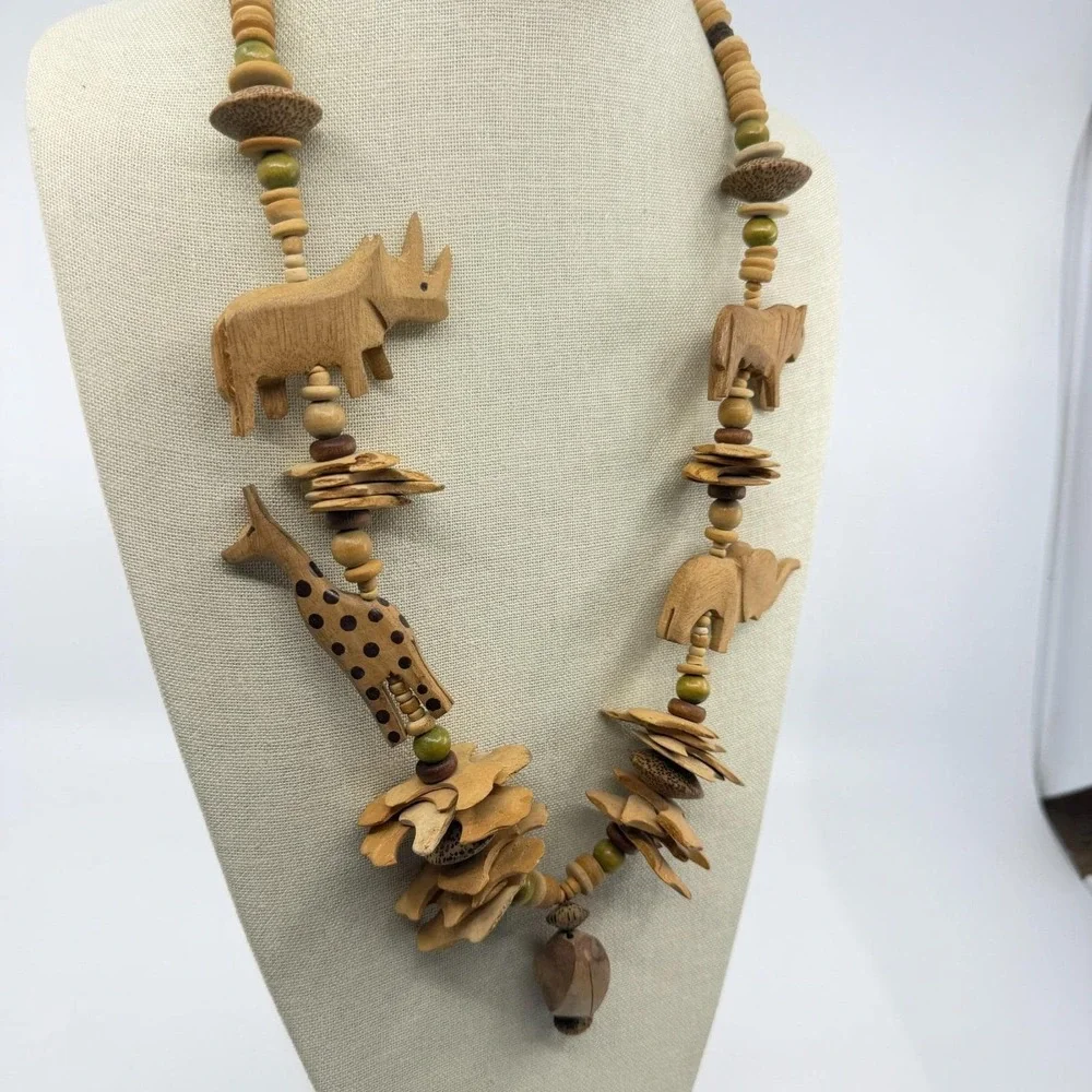 Hand Carved Wood Safari Animal Bead Necklace Elephant Giraffe Rhino Boho Gift